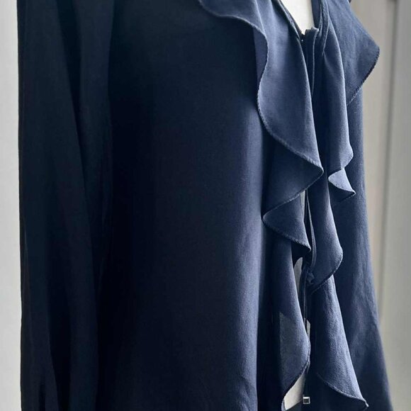 NWT Shan Ink-Blue Silk Semi-Sheer Ruffle-Blouse w/ Cascading Front & Tie – US 6 - Picture 3 of 14